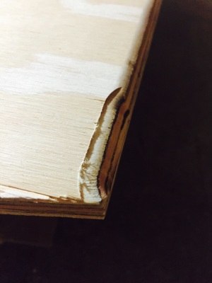 Edge of the bottom that meets the end of the transom. Did not set the router depth properly for the first 2 inches.